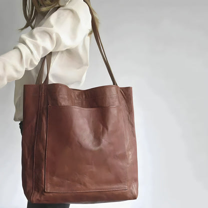 Aria™ leather tote bag, medium brown, double top handles, front seam details