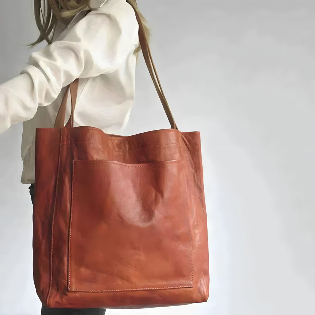 Aria™ leather tote bag, rust brown, double handles, flat square front