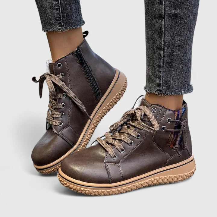 Dark brown high-cut orthopedic sneakers with lace-up, side zipper, tan sole