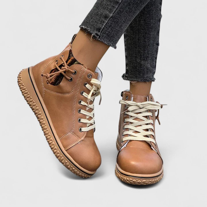 Light brown high-cut orthopedic sneakers with lace-up and side zipper, tan sole