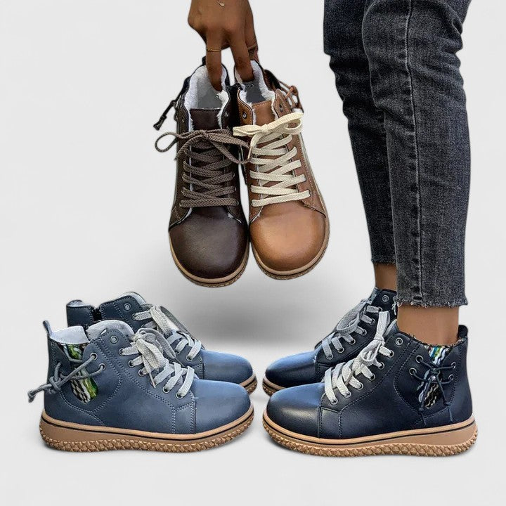 High-cut orthopedic sneakers, blue and light brown, lace-up with side zippers