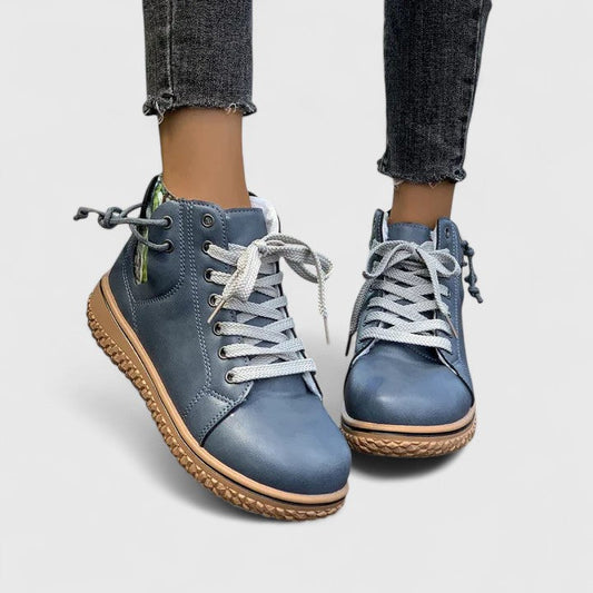Blue high-cut orthopedic sneakers with lace-up and cushioned collar