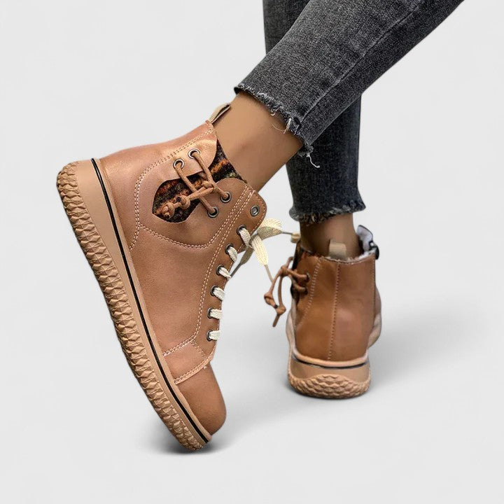 High-cut sneakers in light brown with tan laces and textured tan sole