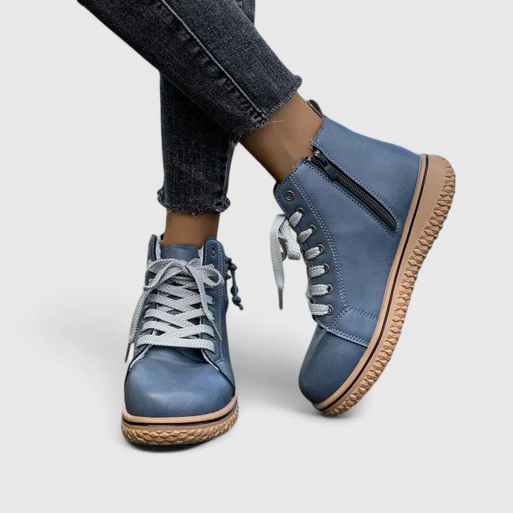 Blue high-cut orthopedic sneakers with lace-up and side zipper detail