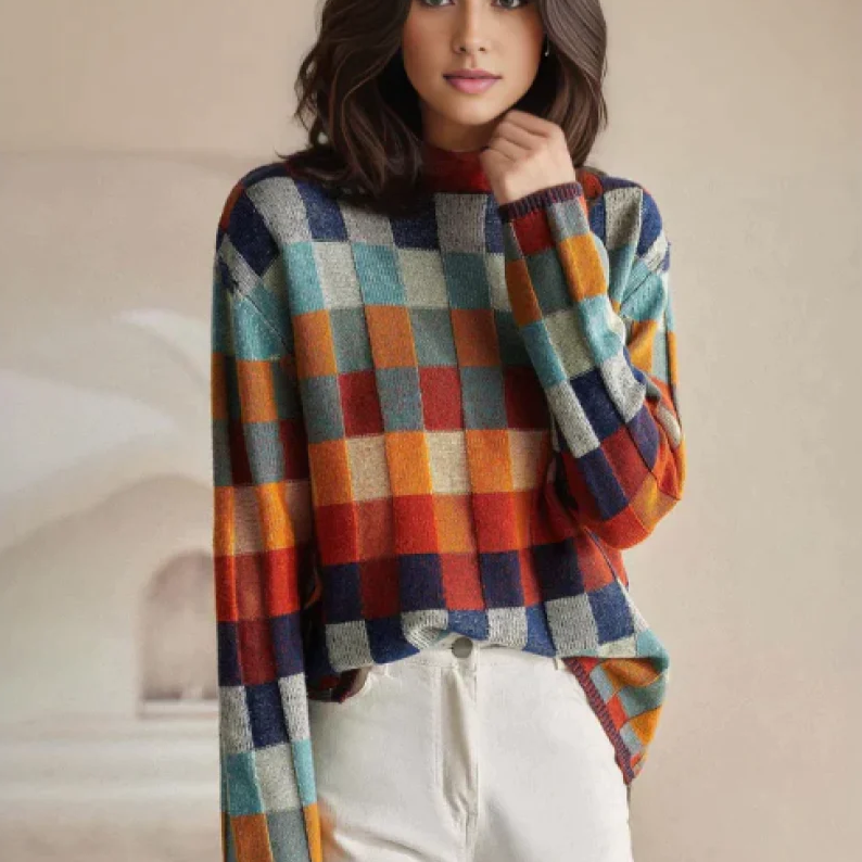 Plaid knit sweater with crew neck, long sleeves, ribbed cuffs and hem; multicolor blocks.