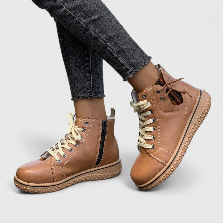 Light brown high-cut orthopedic sneakers with lace-up, side zipper, tan sole
