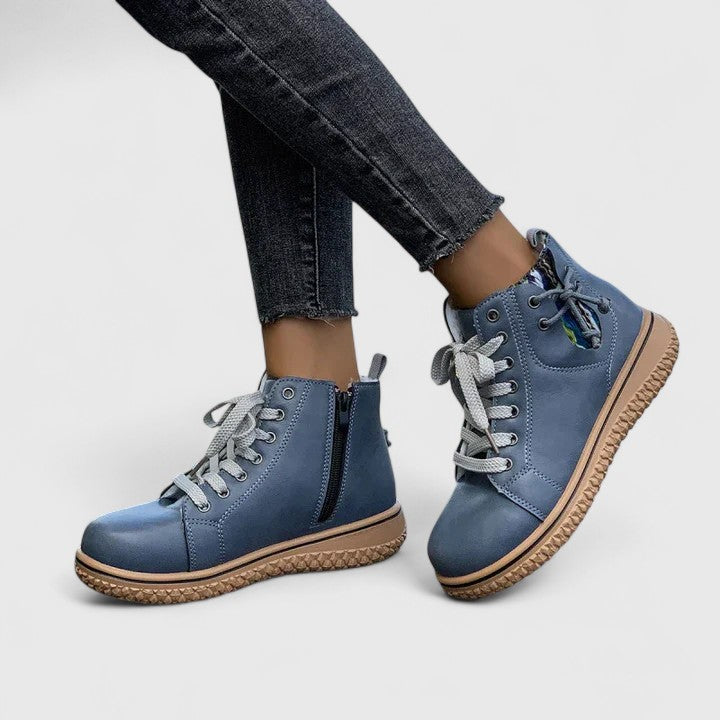 Blue high-cut orthopedic sneakers with lace-up and side zipper, tan rubber sole