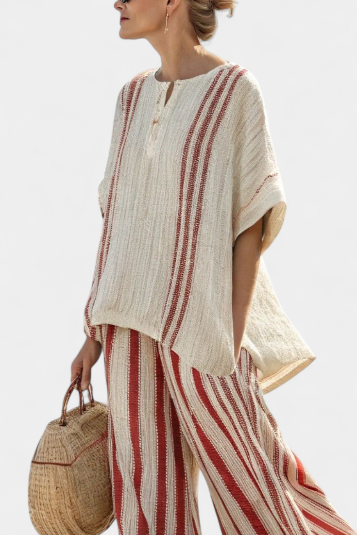Striped structured top and linen trousers set with red and cream vertical stripes