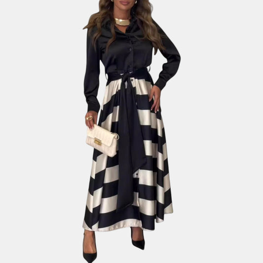 Black and cream striped dress with tie waist and long sleeves