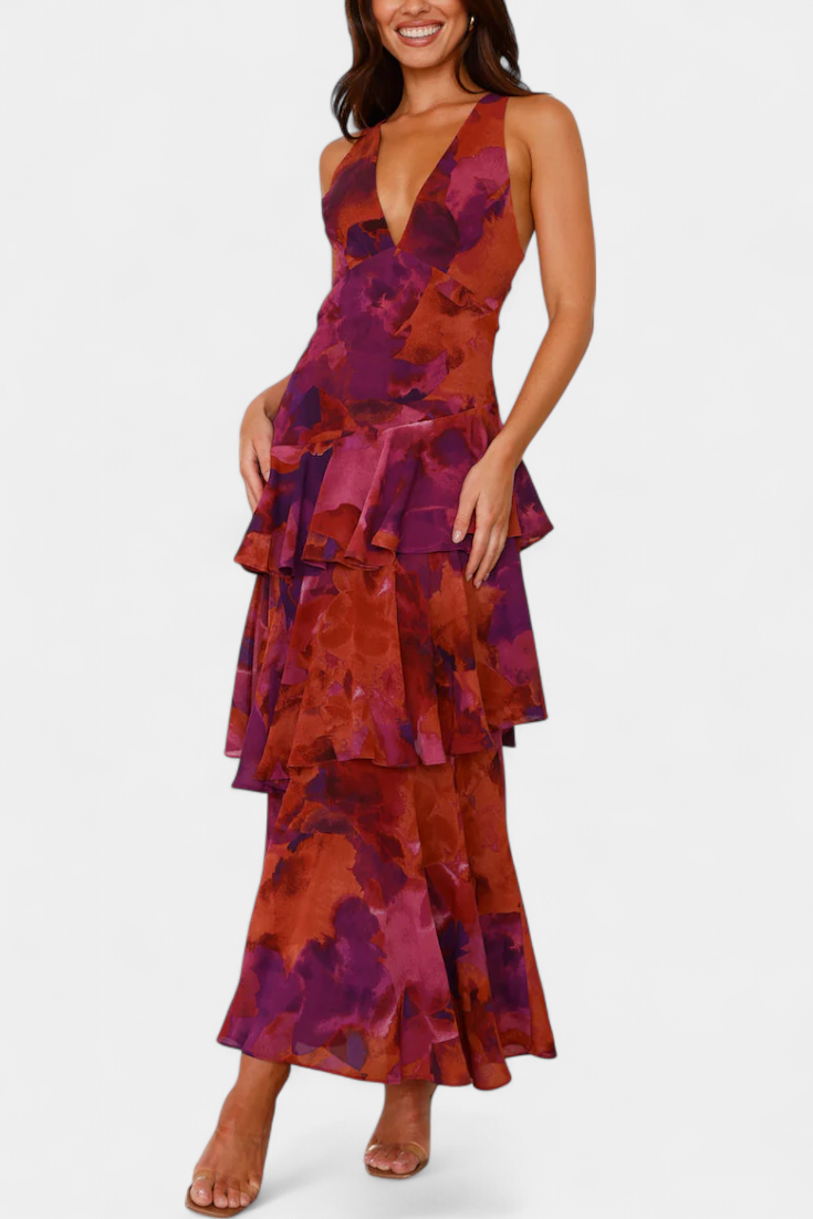 Tiered ruffle dress with V-neck and sleeveless bodice, purple and red floral print