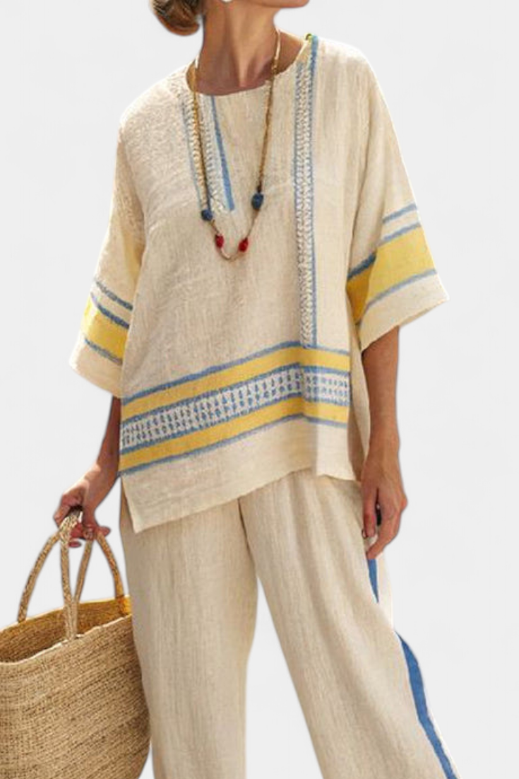 Linen trousers set: light beige top with blue trim and stripe hem and wide-leg pants