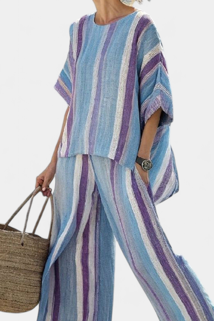 Striped linen top and wide-leg trousers set, blue with mauve and white stripes