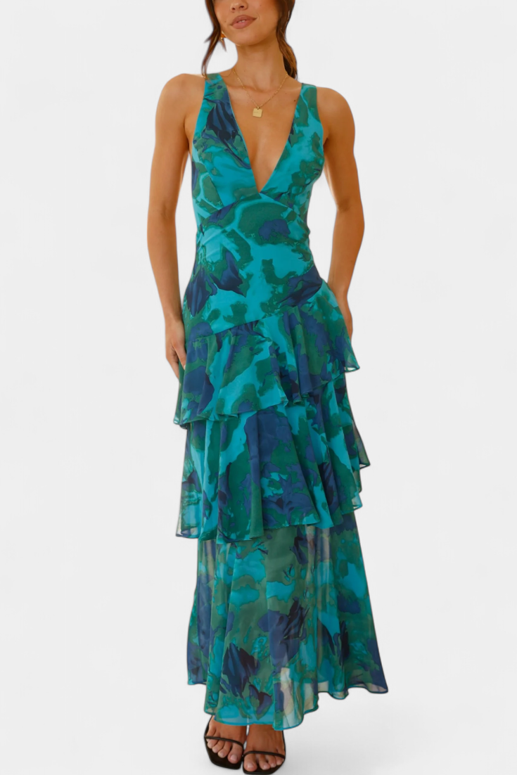 Tiered ruffle dress with deep V-neck and spaghetti straps, teal and dark floral print