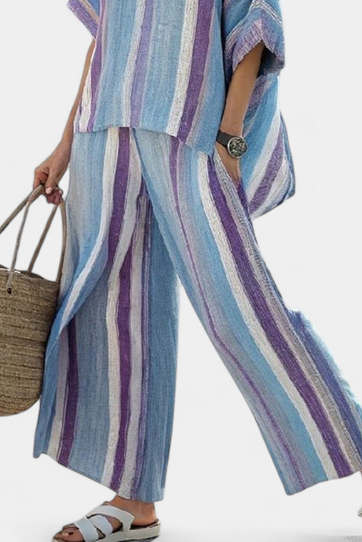 Striped linen top and trousers set with wide sleeves, mauve and blue vertical stripes