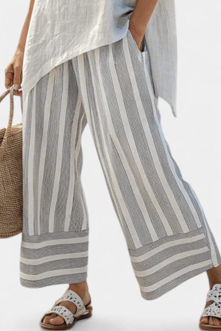 Gray striped wide-leg trousers with ribbed vertical stripes and striped cuff hem