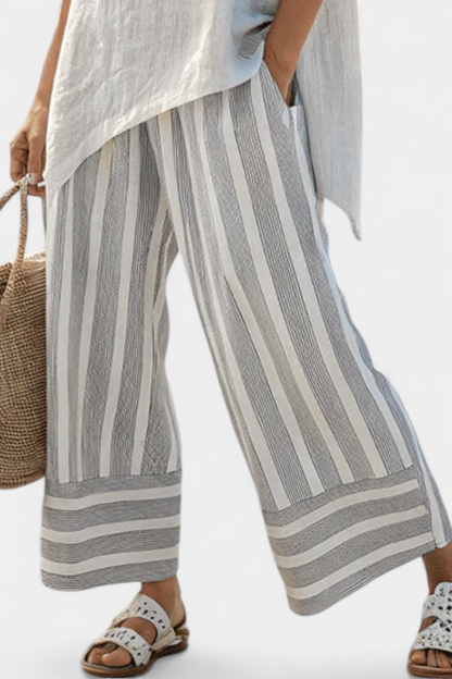Gray striped wide-leg trousers with ribbed vertical stripes and striped cuff hem