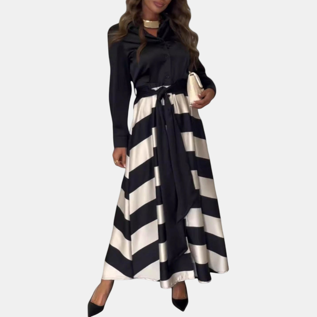 Black and cream striped maxi dress with button front and tie belt