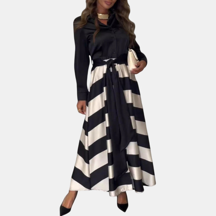 Black and cream striped maxi dress with button front and tie belt