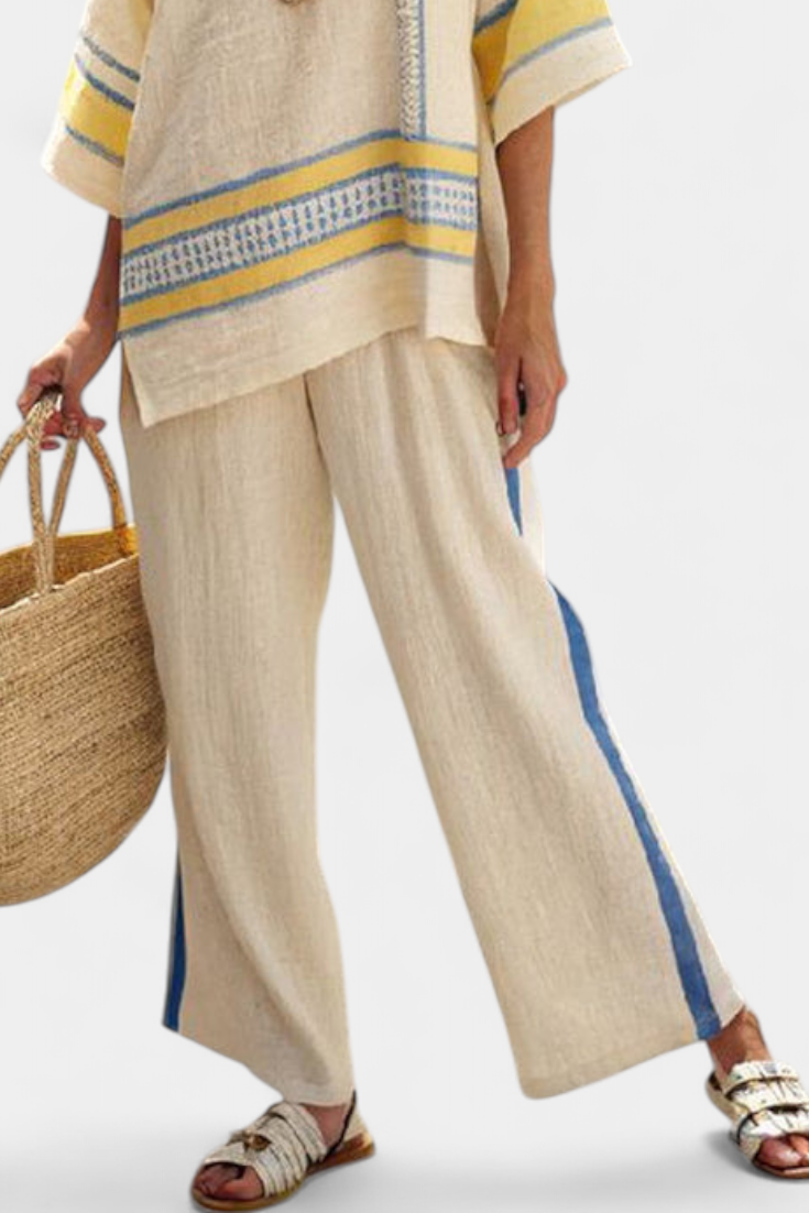 Linen trousers set with wide-leg pants in light beige and side blue stripe