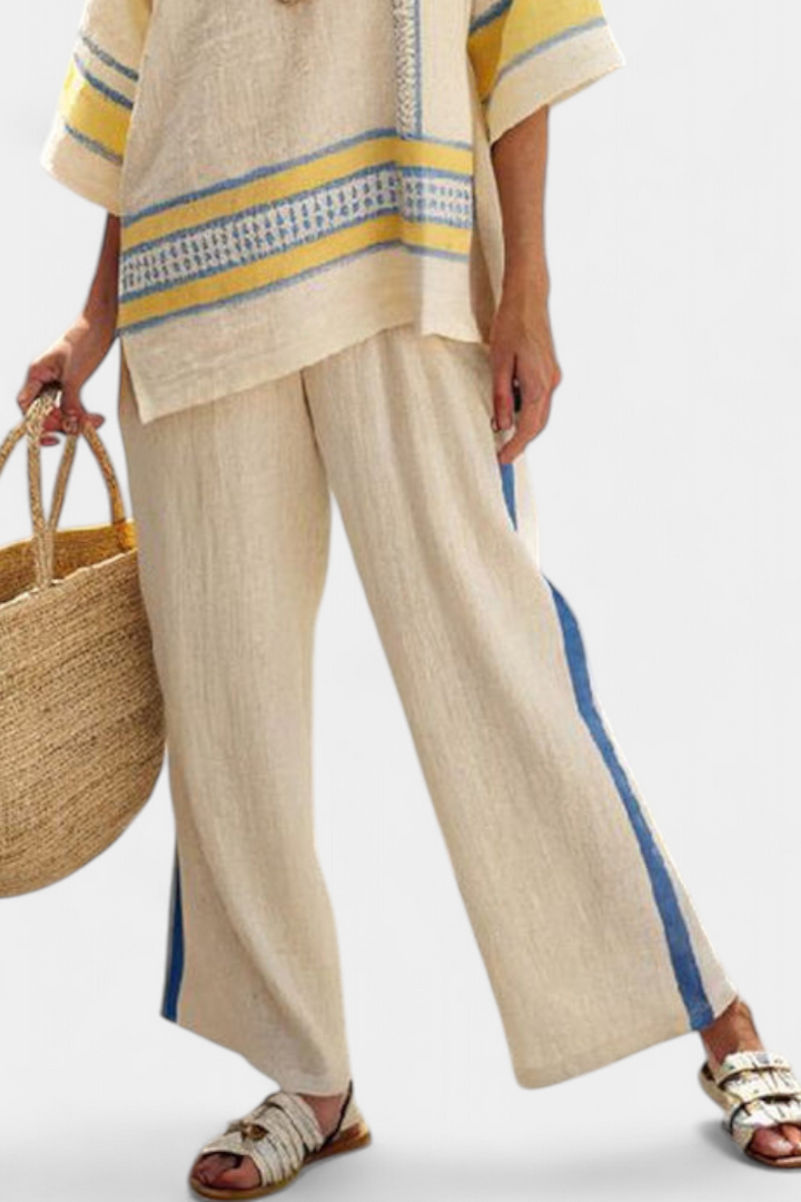 Linen trousers set with wide-leg pants in light beige and side blue stripe
