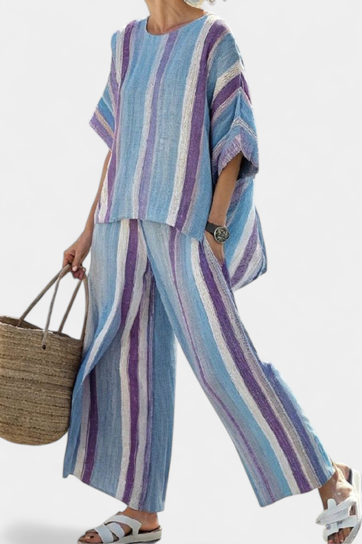 Striped linen top and trousers set, loose fit, blue and mauve vertical stripes