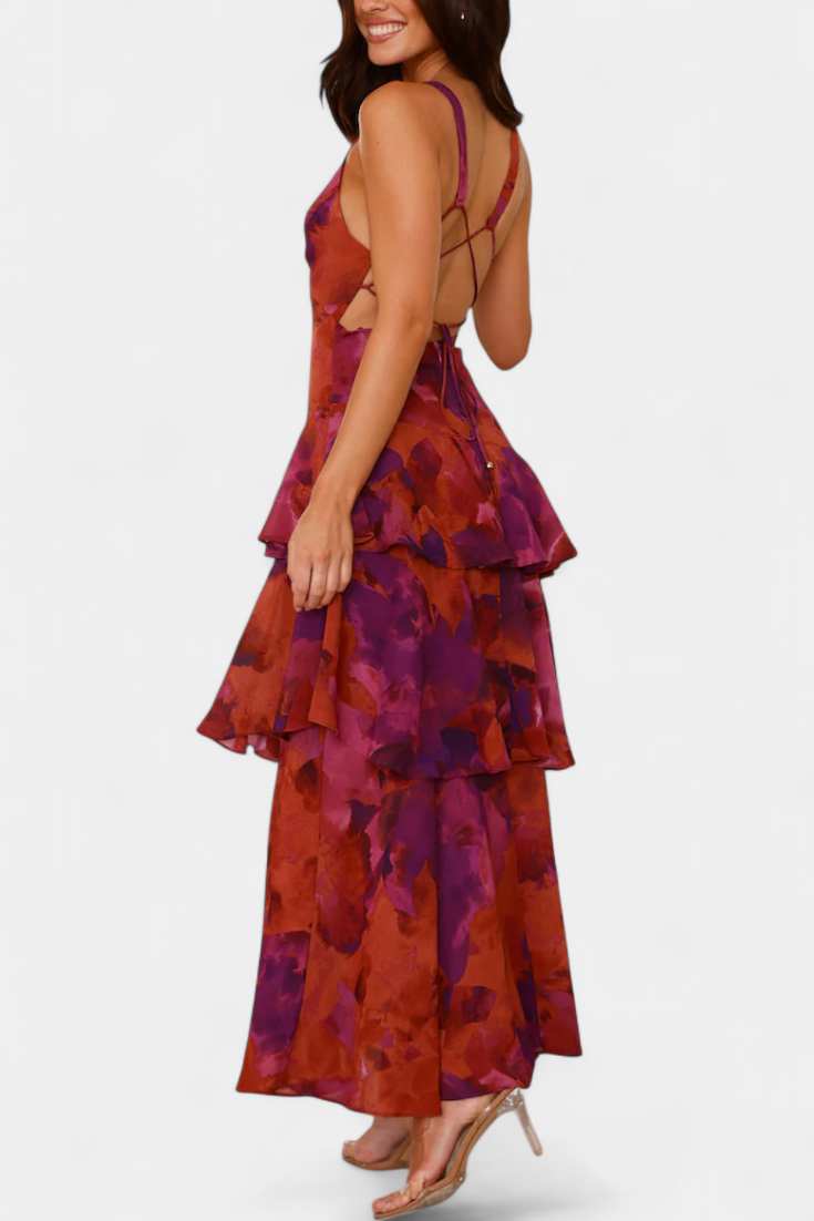 Tiered ruffle dress with V-neck and open back detail, red and purple floral print