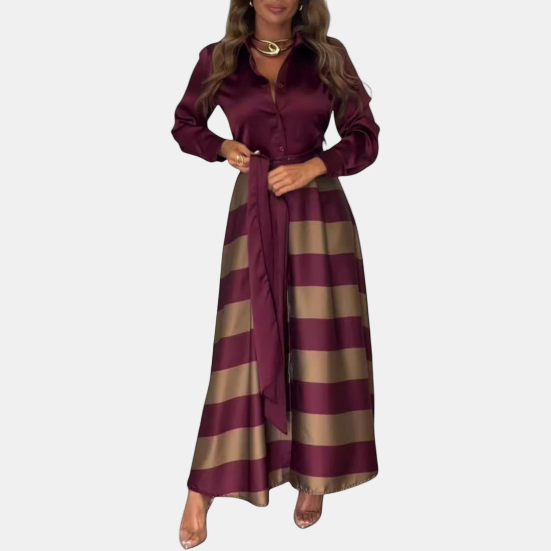 Burgundy and beige striped dress with button front and tie waist