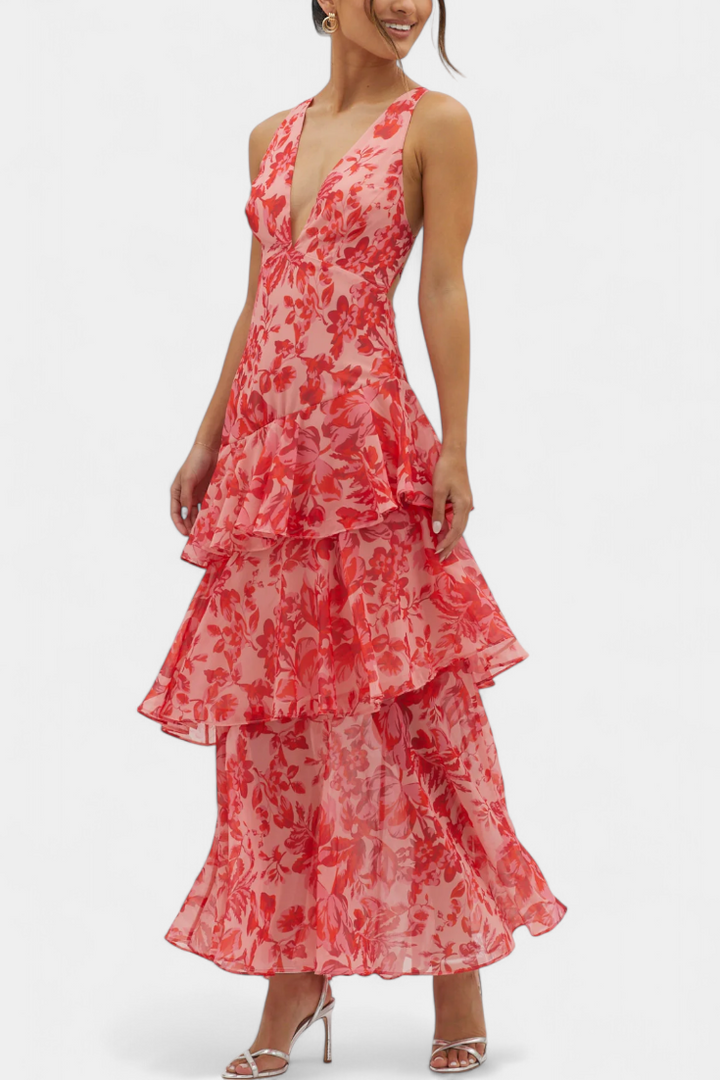 Tiered ruffle dress with V-neck and sleeveless fit, red floral print with layered skirt