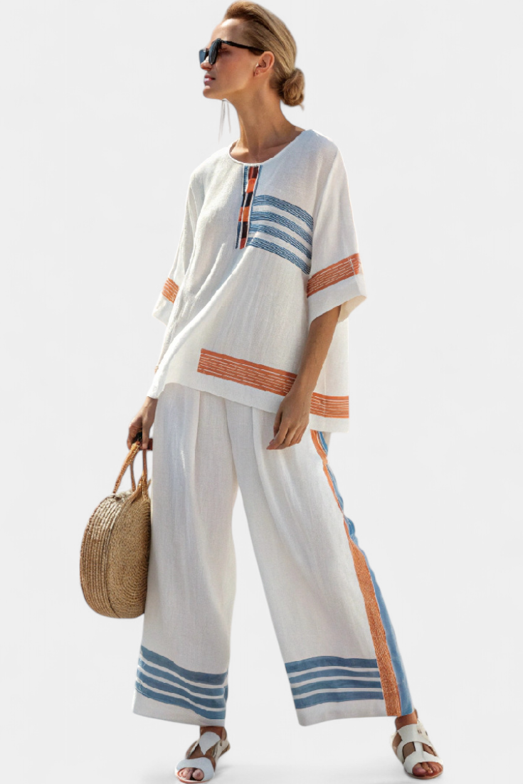 Linen set: white top and wide-leg trousers with orange and blue stripe trim