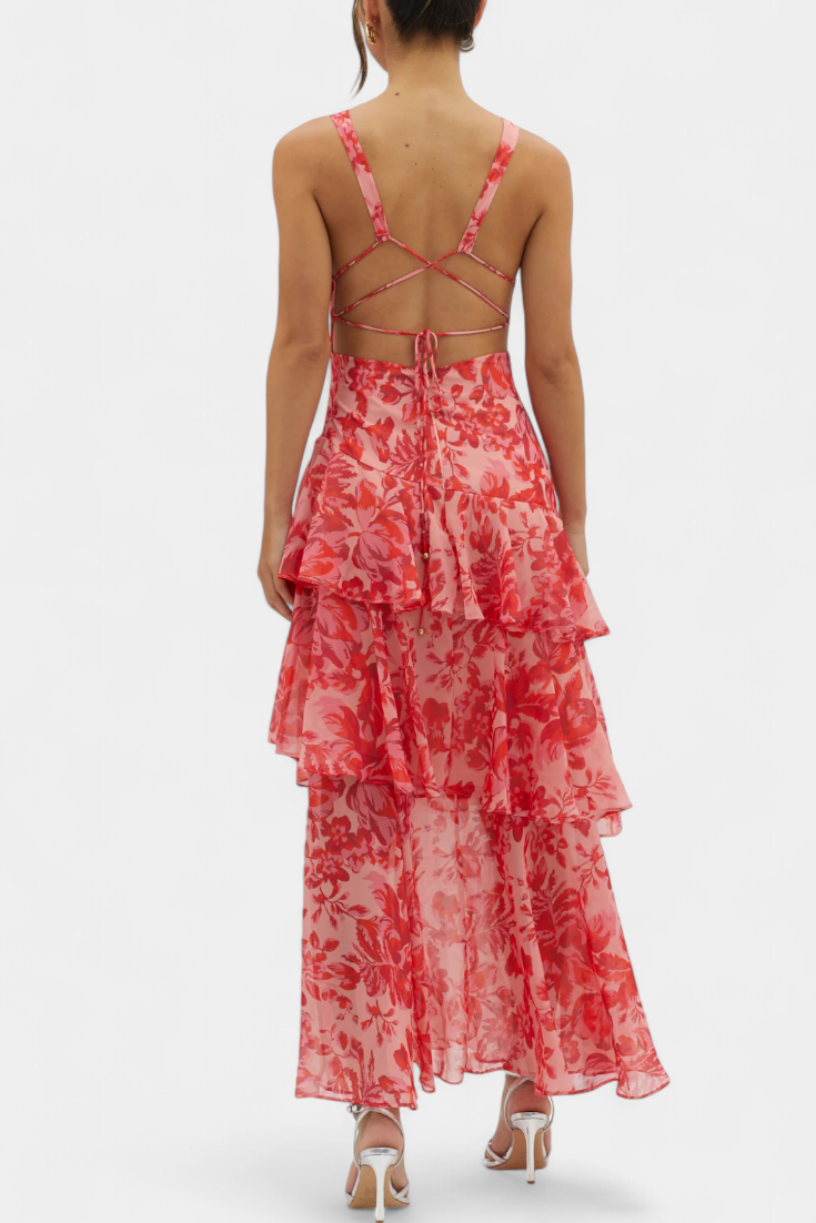 Floral tiered midi dress in red with open crisscross back straps and ruffled hem