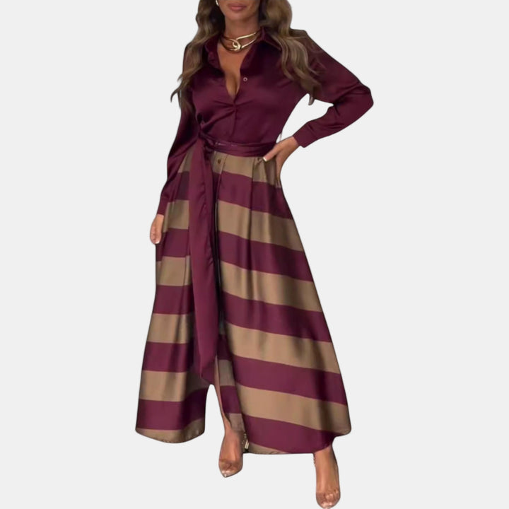 Burgundy striped maxi dress with long sleeves and tie belt