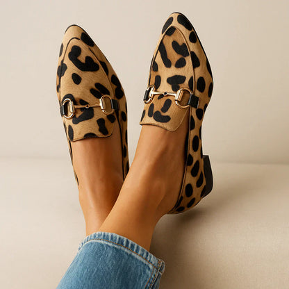 Leopard-print moccasin flats with metal buckle straps