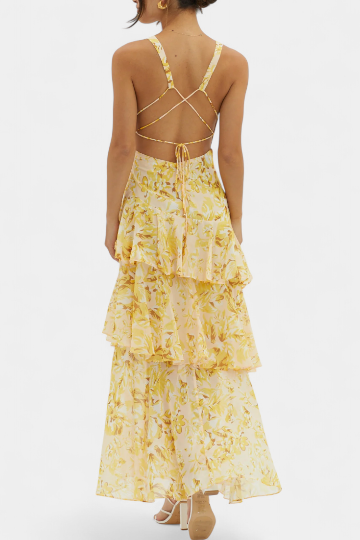 Floral tiered midi dress in yellow with crisscross open back straps and tiered skirt