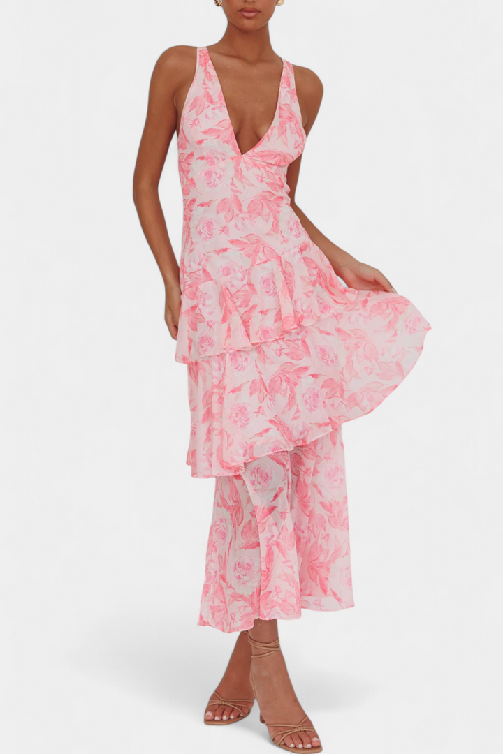 Tiered ruffle dress with plunging V-neck, sleeveless bodice, pink floral print