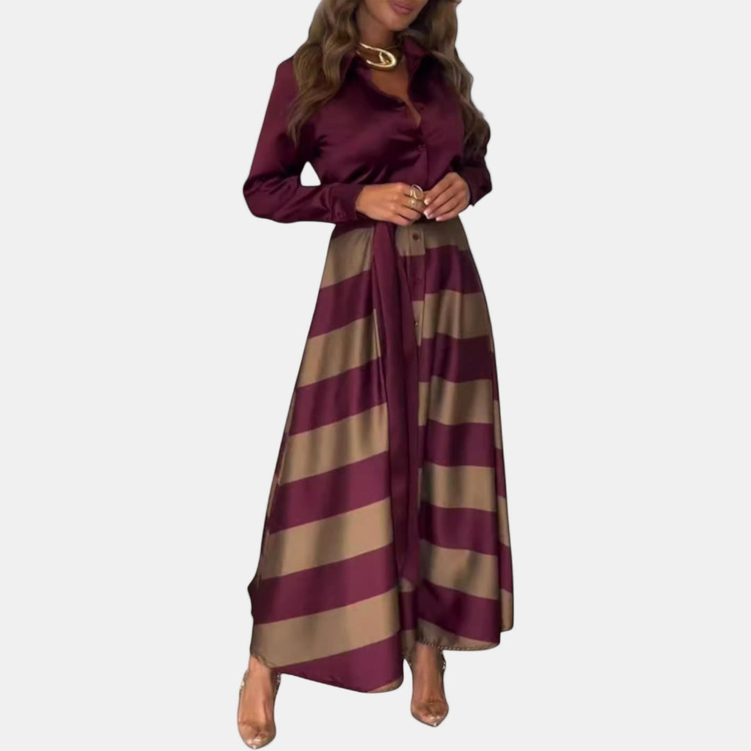 Burgundy and beige striped dress with split hem and tie waist