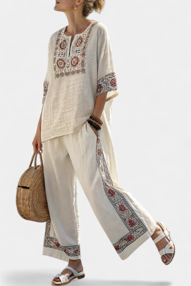 Embroidered linen blouse and wide-leg trousers set, light beige with red border
