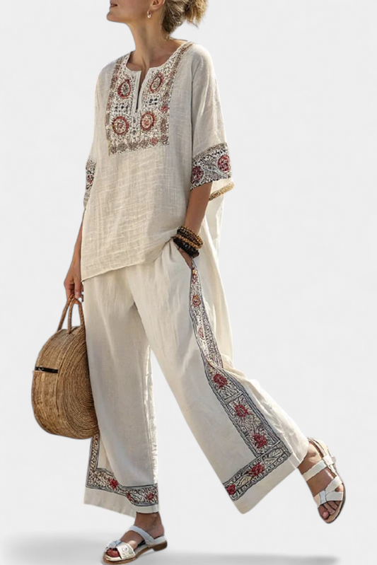 Embroidered linen blouse and wide-leg trousers set, light beige with red border