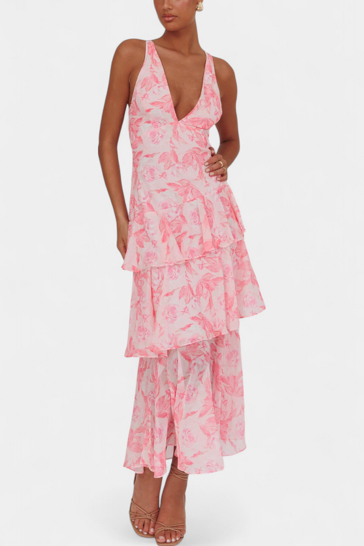 Floral tiered midi dress in pink, V-neck, spaghetti straps, ruffled layers
