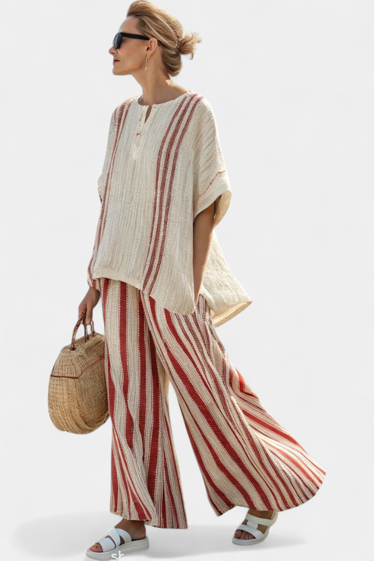 Striped top and wide-leg linen trousers set with red and cream vertical stripes