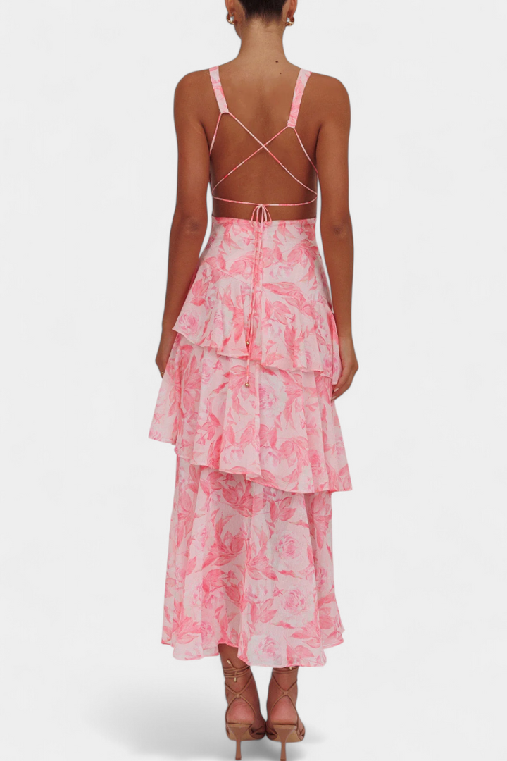 Back view of tiered ruffle dress with crisscross straps, pink floral print and tiered hem
