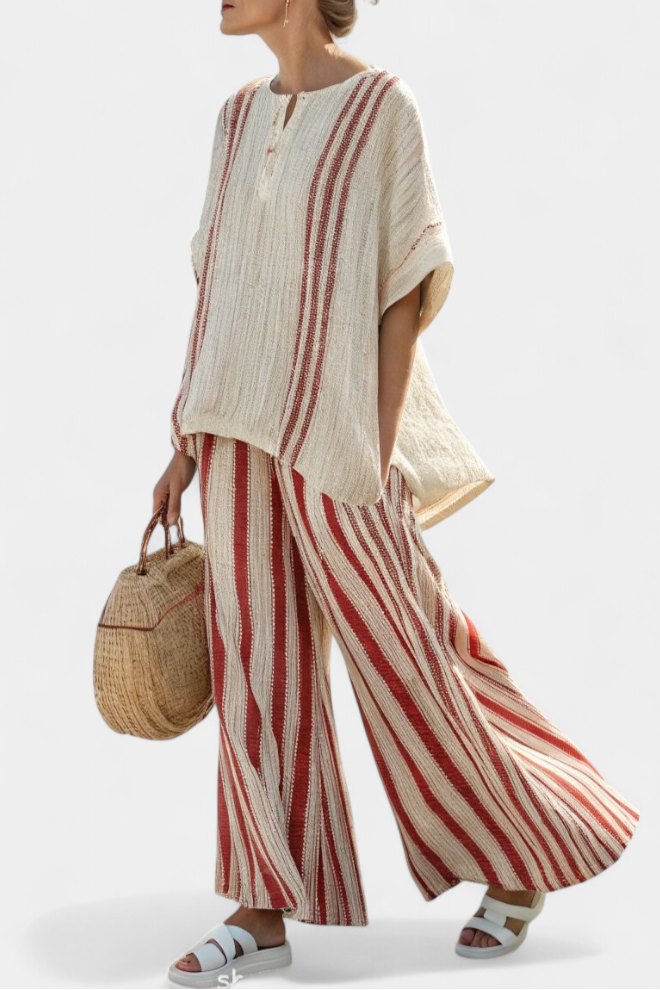 Striped structured top and wide-leg linen trousers set, red and cream vertical stripes