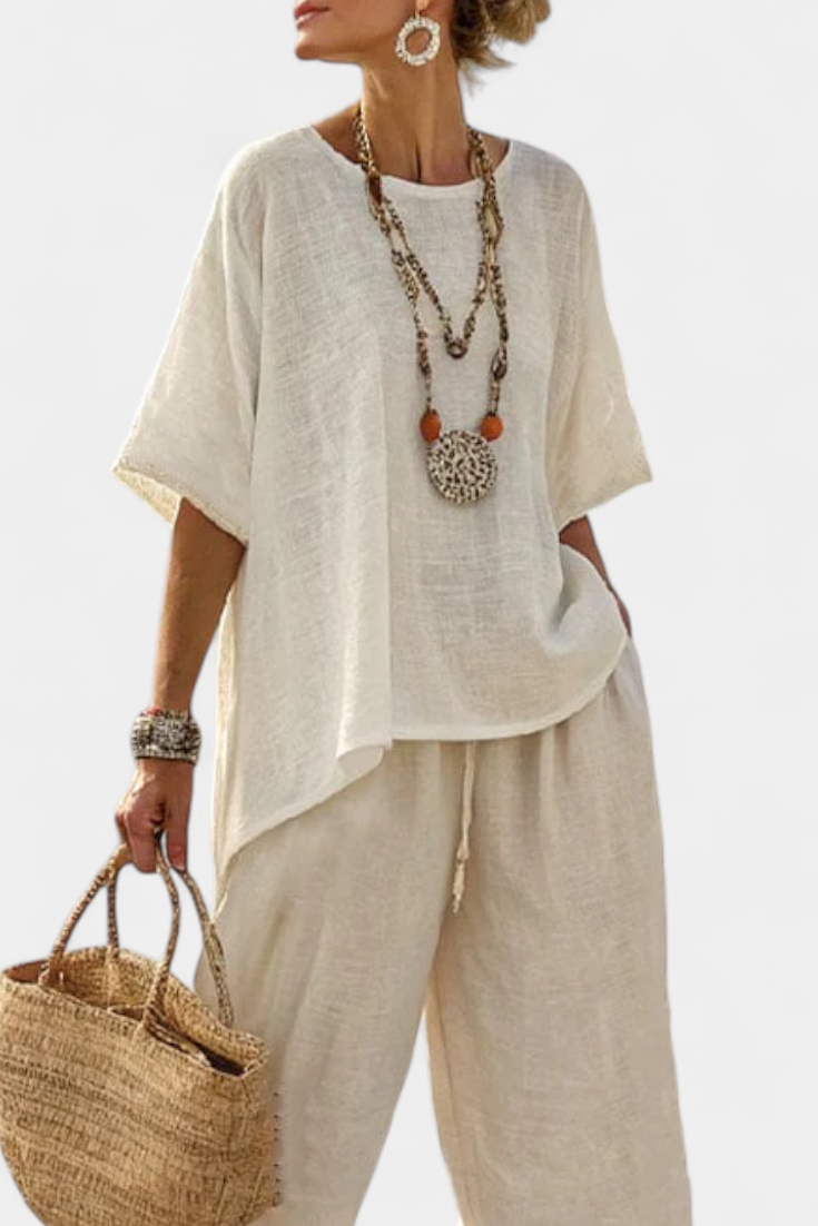 Relaxed linen-look scoop-neck short-sleeve shirt with wide-leg trousers