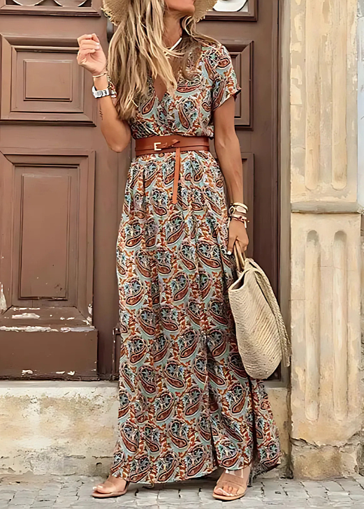 Paisley maxi dress with short sleeves and waist belt, multi-color paisley print, long hem