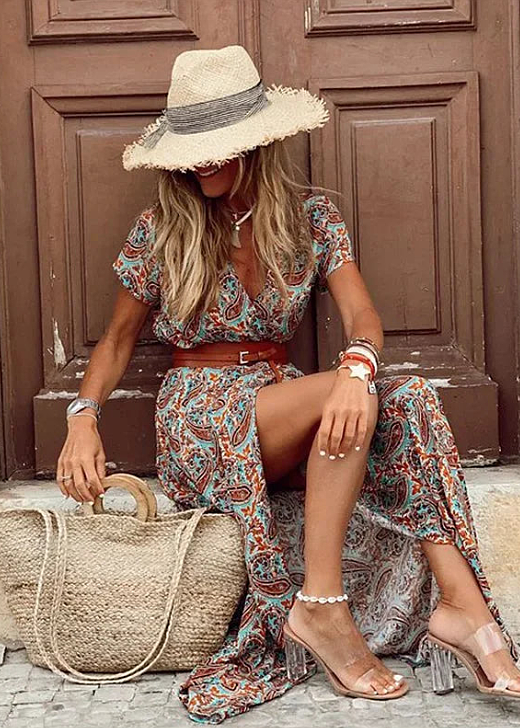 Paisley maxi dress with short sleeves and waist belt, multi-color paisley print, front slit