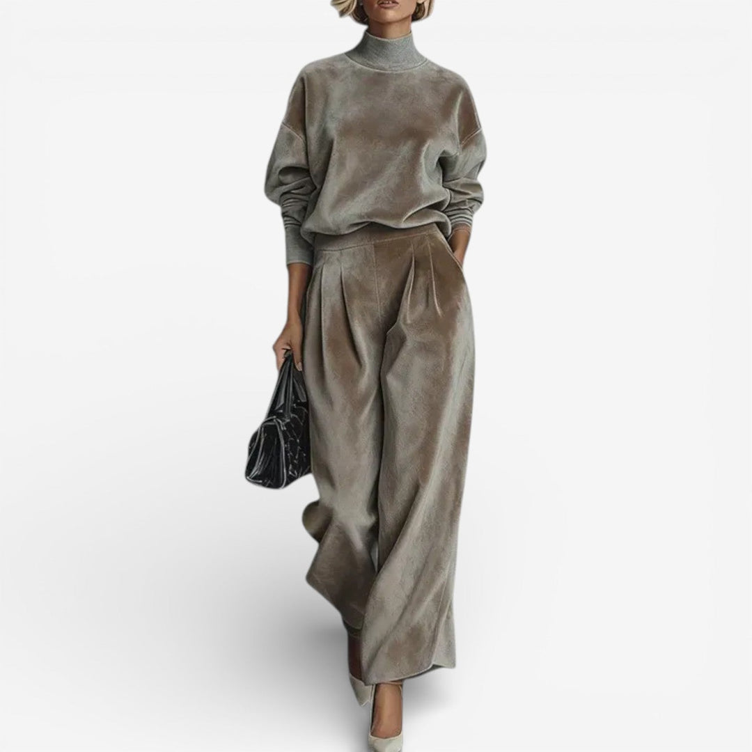 Light brown velour-look two piece set: mock-neck top and wide-leg trousers