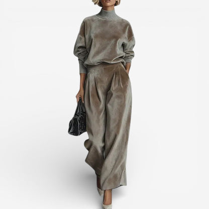 Light brown velour-look two piece set: mock-neck top and wide-leg trousers