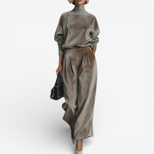 Light brown velour-look two piece set: mock-neck top and wide-leg trousers