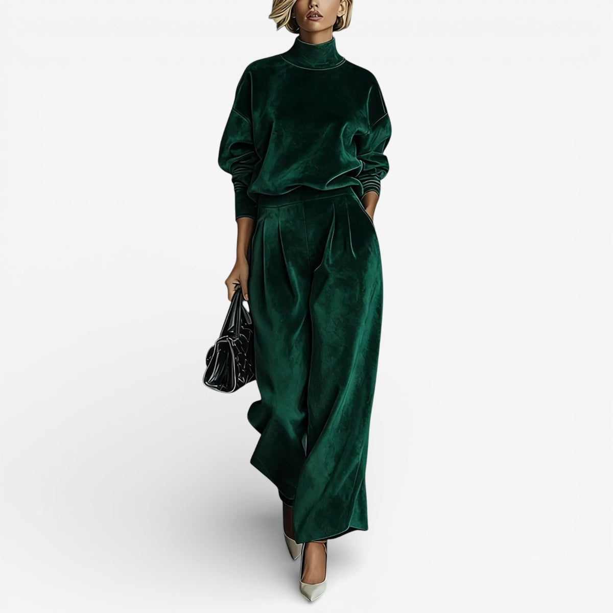 Dark green velour-look two piece set: mock-neck top and wide-leg trousers