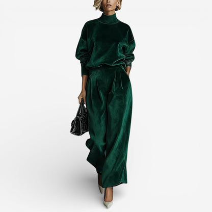 Dark green velour-look two piece set: mock-neck top and wide-leg trousers