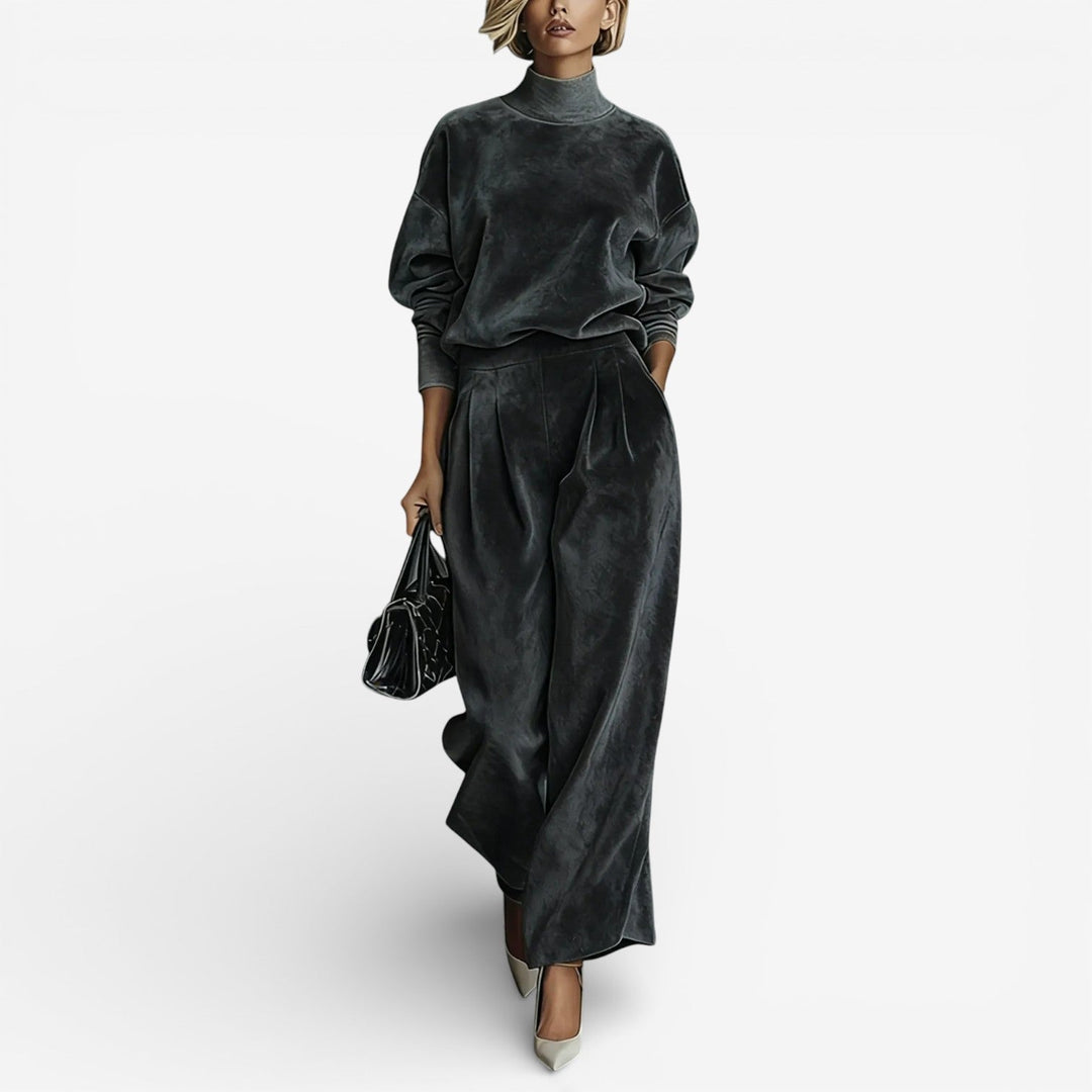 Dark gray velour-look two piece set: mock-neck top and wide-leg trousers